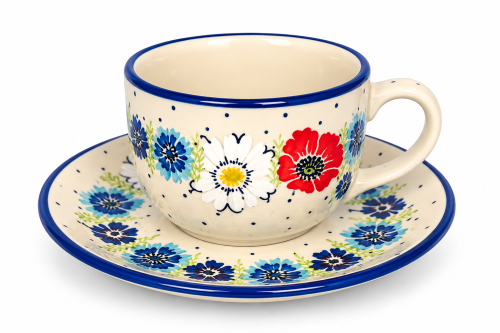 Kwiatowa filiżanka z porcelany na spodku.png